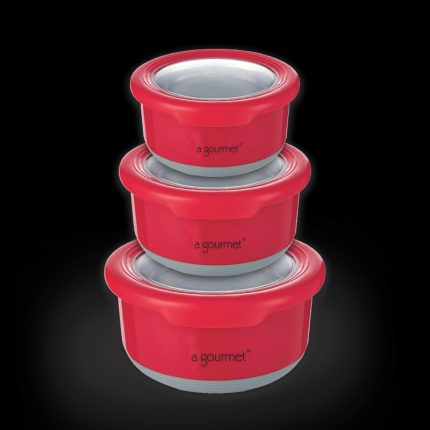 PAC2GO 3pcs Red Round Lunch Box Canisters in Gift Box (420+730ml+1200ml)
