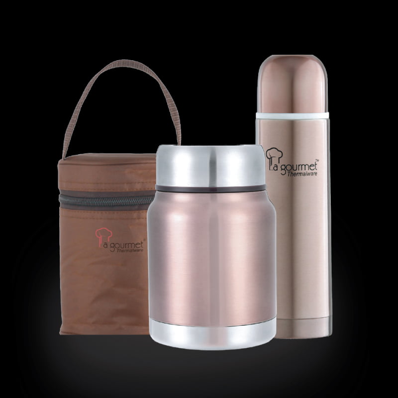 800x800_Sakura-On-The-Go-Set Sakura 3pcs on the go set: 0.5L Thermal flask+ 0.5L Thermal Cooker pot with Pouch (Brass Brown) - Image 1