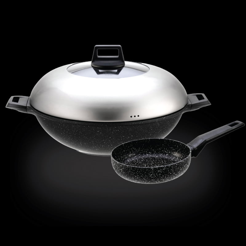 Marble-36cm-w-semi-glass-lid-16cm-Frypan-No-Induction-Set-1 Shogun Marble 36 x 11cm Nonstick Wok With Semi Glass Lid (IH),7.5L + 16 x 3.9cm Nonstick Fry Pan Set (IH),0.63L - Image 1