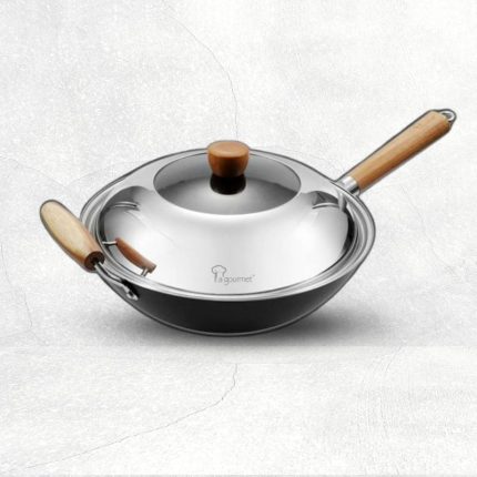 Blusteel 32 x 10cm Round Bottom Carbon Steel Wok with Mark Acacia Wooden Long Handle and Helper Handle with Lid with Induction(5.2L)