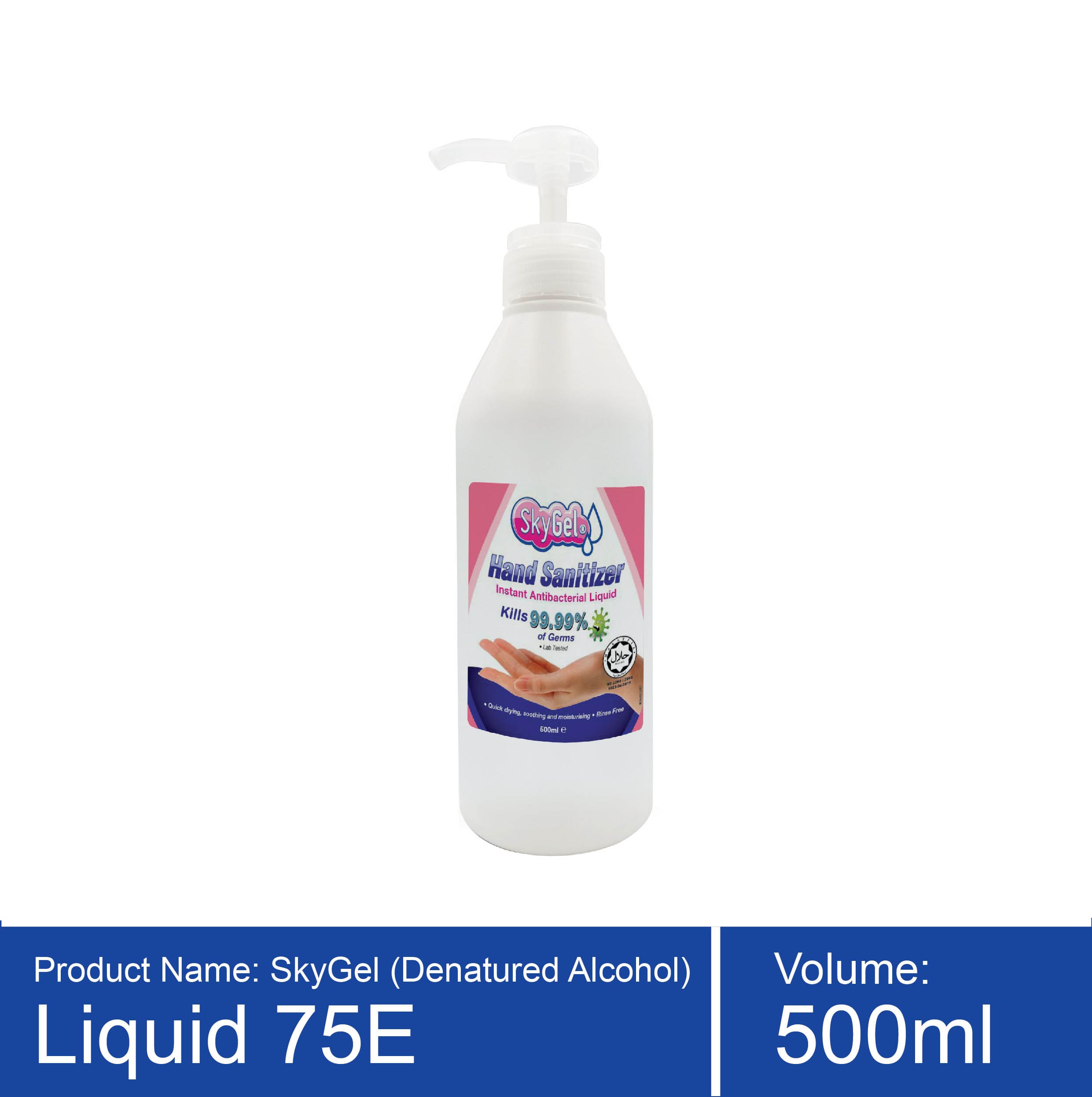 HS Bottle Frame E Liq Sky Gel 500ML Liquid Pump Hand Sanitizer (Halal) - Image 1