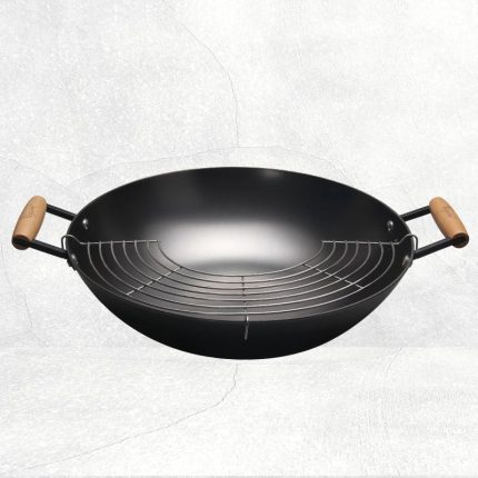 Nitrigan Cast Iron Wok 38cm with 2 Side Handles with Stainless Steel Frying Rack
