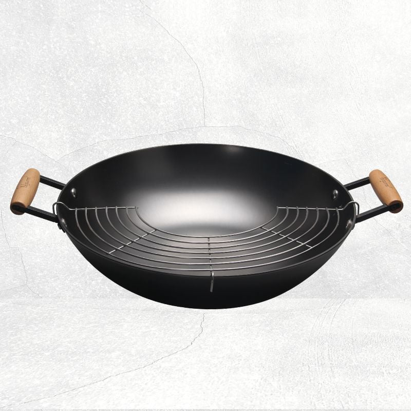 Nitrigan 38cm Wok 01 v2 Nitrigan Cast Iron Wok 38cm with 2 Side Handles with Stainless Steel Frying Rack - Image 1